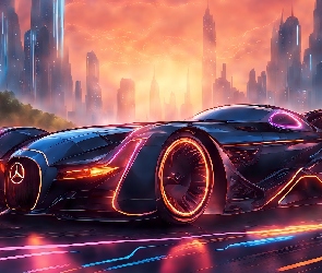 Wieżowce, Mercedes, Grafika, Samochód