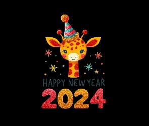 2024, Czapka, Nowy Rok, Żyrafa, Tło, Życzenia, Grafika, Czarne