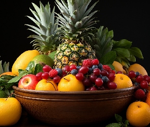 Jagody, Ananas, Owoce, Kompozycja, Miska, Cytrusy