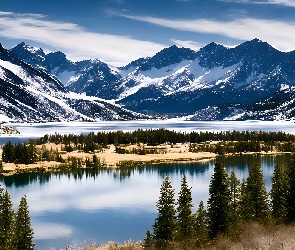 Dolina, Śnieg, Salzburg, Drzewa, Góry, Austria, Jezioro