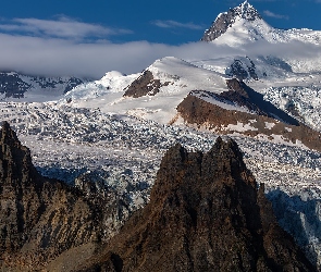 Alaska, Park Narodowy Wrangla Świętego Eliasza, Skały, Stany Zjednoczone, Lodowiec Nabesna, Góry, Śnieg
