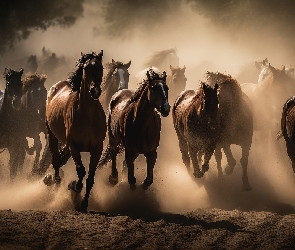Konie, Kurz, Piasek, Galop, Stado