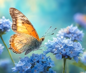 Owad, Grafika, Kwiaty, Niebieskie, Motyl