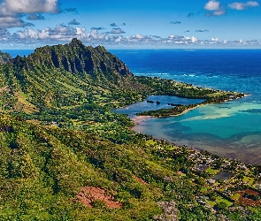 Zatoki, Lasy, Wybrzeże, Koolau Mountains, Wyspa Oahu, Stany Zjednoczone, Windward Oahu, Hawaje, Morze, Góry, Góra