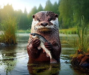 Grafika, Ryba, Jezioro, Wydra