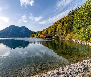 Niemcy, Góry, Las, Alpy, Domek, Kamienie, Bawaria, Jezioro, Walchensee