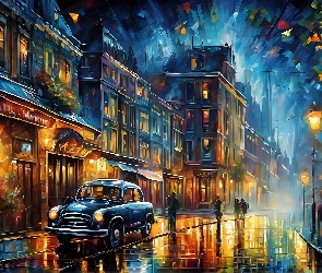 Miasto, Latarnie, Samochód, Grafika, Noc, Kwiaty, Ulica, Ludzie, Domy