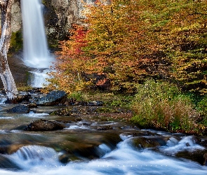 Argentyna, Jesień, Park Narodowy Los Glaciares, Drzewa, Rzeka, Salto do Chorrillo, Patagonia, Skały, Wodospad