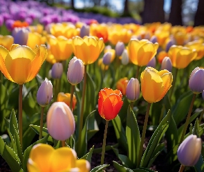 Ogród, Tulipany, Kolorowe, Rozświetlone