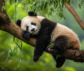 Grafika, Liście, Panda, Śpiąca, Drzewo, Konar