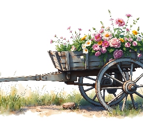Kwiaty, Grafika, Wózek, Dwukołowy, Kolorowe