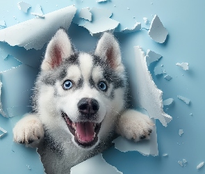 Siberian husky, Niebieska, Ściana, Dziura, Pies
