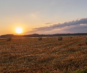 Poranek, Chmury, Słoma, Wschód słońca, Las, Pole, Bele