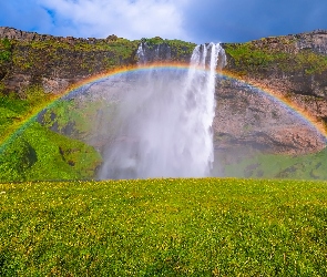 Islandia, Tęcza, Seljalandsfoss, Wodospad, Trawa, Skały