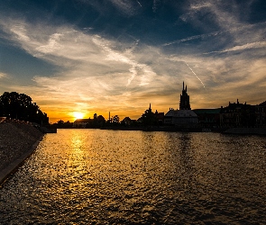 Wrocław, Domy, Rzeka Odra, Zachód słońca, Polska