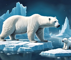 Lodowe, Kry, Polarny, Grafika, Grafika, Niedźwiedź, Niedźwiedzie