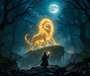 Fantasy, Dziecko, Skała, Lew, Chmury, Księżyc
