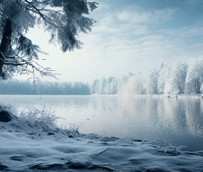 Jezioro, 2D, Śnieg, Drzewa, Zima