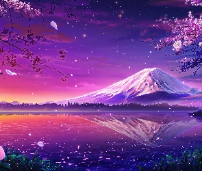 Japonia, Góra Fudżi, Wiosna, Grafika, Zachód słońca, Jezioro