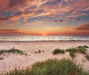 Polska, Chmury, Trawa, Plaża, Morze Bałtyckie, Zachód słońca