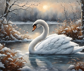 Wschód słońca, Niebo, Staw, Grafika, Śnieg, Las, Łabędź