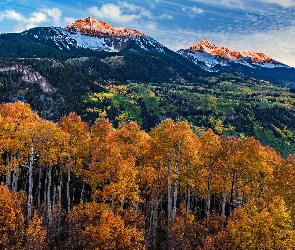 Kolorado, Niebo, Chmury, Stany Zjednoczone, San Juan Mountains, Jesień, Góry, San Miguel Range, Pożółkłe, Drzewa, Las, Topole osikowe
