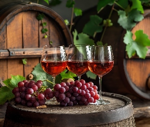 Wino, Beczki, Winogrona, Owoce, Kieliszki