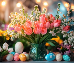 Tulipany, Wielkanoc, Pisanki, Wazon, Bukiet kwiatów