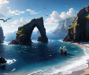 Ptaki, Zatoka, Morze, Żaglowiec Fantasy, Skały, Grafika, Plaża