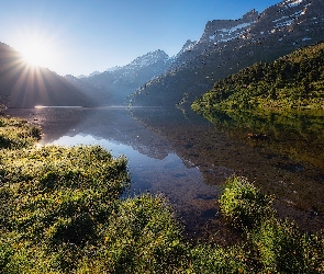 Trawa, Promienie słońca, Góry, Jezioro
