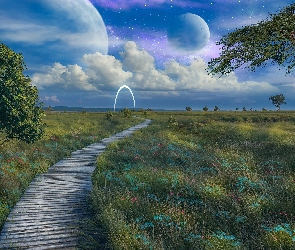 Planety, Chmury, Łąka, Fotomontaż, Drzewa, Pomost