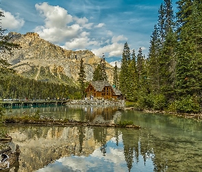 Park Narodowy Yoho, Emerald Lake, Domek, Kanada, Jezioro, Góry, Drzewa