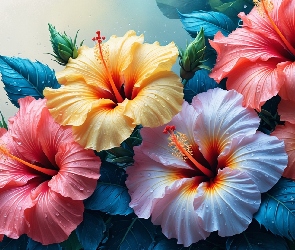 Kolorowe, Zbliżenie, Krople, Hibiskusy, Kwiaty