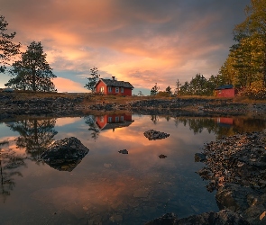 Odbicie, Dom, Ringerike, Norwegia, Jezioro Vaeleren, Drzewa