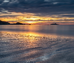 Morze, Wyspa, Zachód słońca, Skały, Bretania, Plaża, Francja, Ilot Saint-Michel