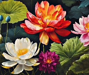 Grafika, Pąki, Kwiaty, Kolorowe, Lilie wodne, Liście