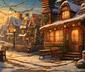 2D, Domy, Boże Narodzenie, Zima, Ulica, Oświetlenie