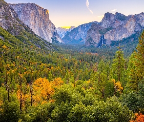 Stany Zjednoczone, Jesień, Góry, Drzewa, Skały, Yosemite Valley, Kalifornia, Park Narodowy Yosemite, Dolina