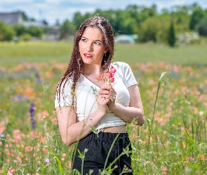 Kwiaty, Łąka, Dziewczyna, Ukwiecona