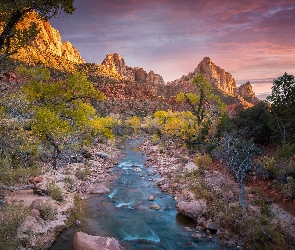 Góra Watchman, Drzewa, Góry, Virgin River, Utah, Rzeka, Stany Zjednoczone, Park Narodowy Zion
