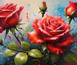 Róże, Grafika, Kwiaty, Pąki, Czerwone