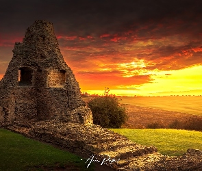 Anglia, Hadleigh, Chmury, Essex, Zamek, Zachód słońca, Hadleigh Castle Ruiny, Trawa, Łąka, Drzewa