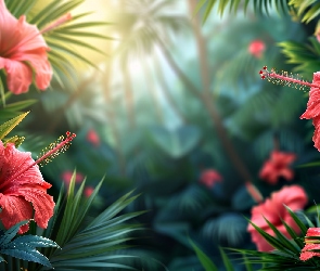 Kwiaty, Grafika, Liście, Czerwone, Hibiskus