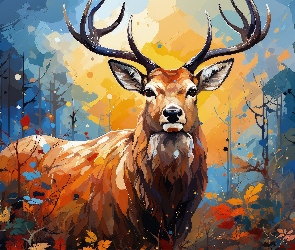 Drzewa, Grafika, Jeleń