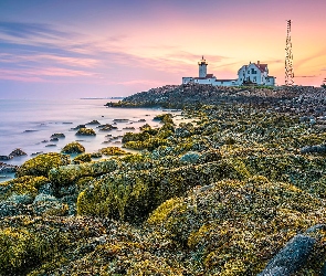 Stany Zjednoczone, Skały, Latarnia morska, Wschód słońca, Nobska Point Light, Morze, Stan Massachusetts, Zatoka, Cape Cod Bay
