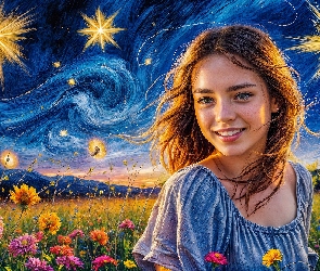 Grafika, Gwiazdy, Łąka, Kobieta, Kwiaty, Noc