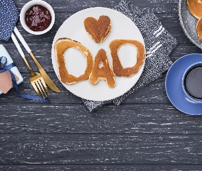 Dzień Ojca, Dżem, Serduszko, Krawat, Prezent, Bułeczki, Widelec, Nóż, Talerzyk, Chleb, Kompozycja, Napis, Deski, Dad, Filiżanka, Kawy