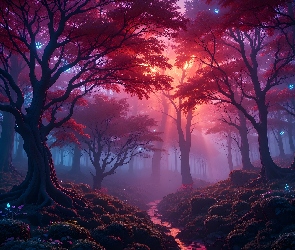 Drzewa, Iluminacja, Grafika, Natura, Światełka, Światło, Komputerowa, Rzeka, Przyroda, Krajobraz, Las