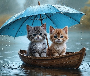 Deszcz, Grafika, Parasol, Łódka, Koty