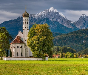 Alpy, Drzewa, Góry, Eglise Saint Coloman, Bawaria, Kościół, Niemcy, Region Allgau